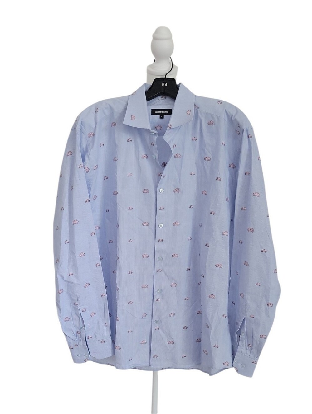 Jared Lang Light Blue Button-Down with Pink Cars Print NWOT Size L